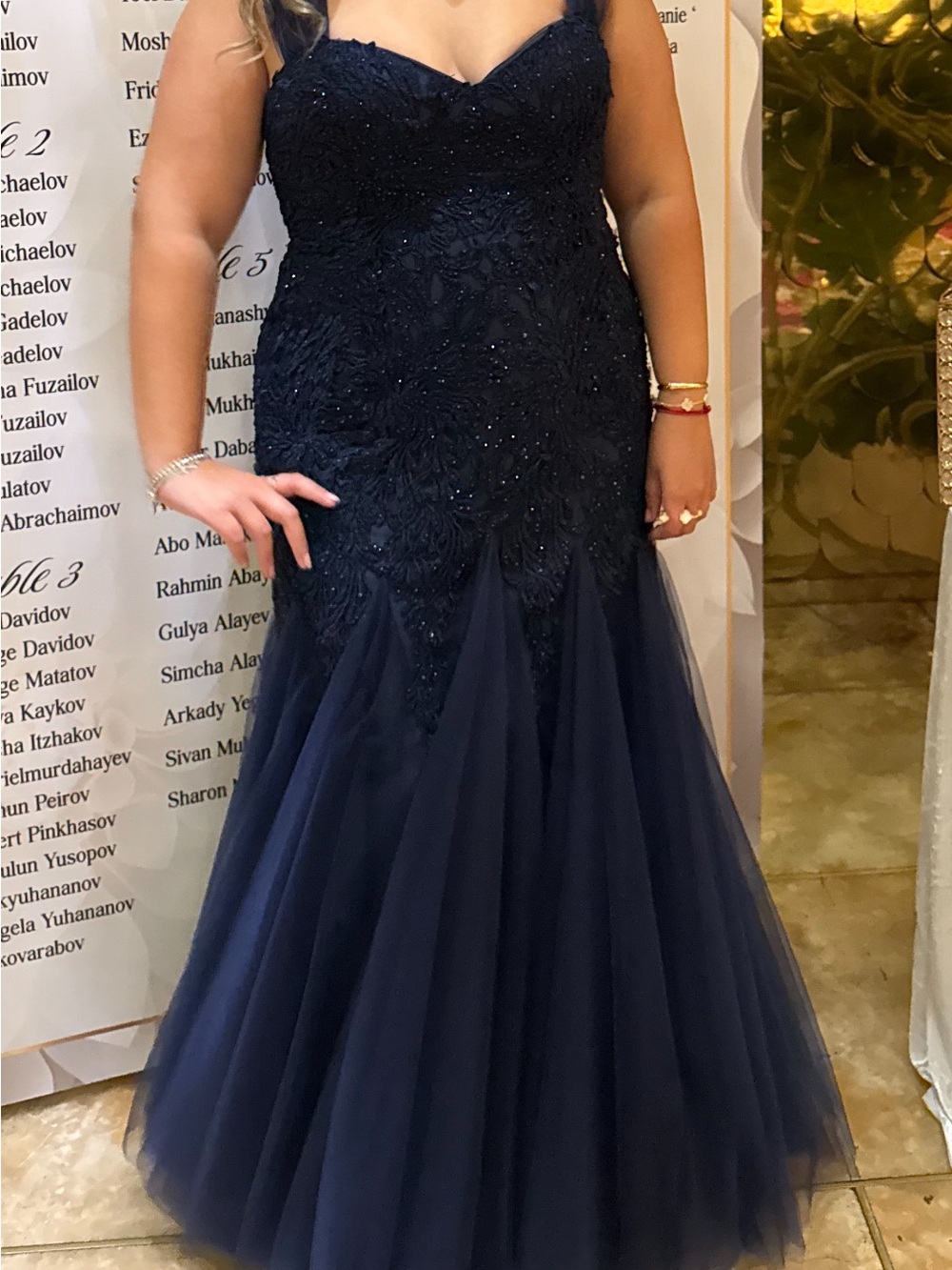 Montage by Mon Cheri Navy Lace Tulle Mermaid Gown
